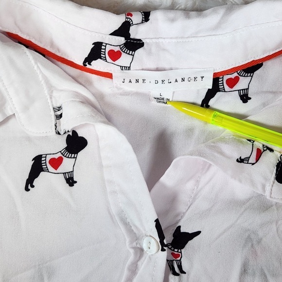 Jane Delancy Cute French Bulldog Print Button-Down Shirt - Women's L Excellent - Picture 2 of 9